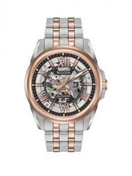 Bulova Classic Rose Gold and Grey Skeleton Dial Two Tone Stainless Steel Bracelet Mens Watch, One Colour, Men