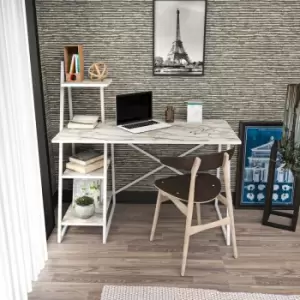 Admira Modern Metal Frame Computer Desk With Shelving Storage -White Marble Pattern And White - Decorotika
