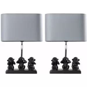 2 x Black Three Wise Monkeys Table Lamps Grey Shade - No Bulb