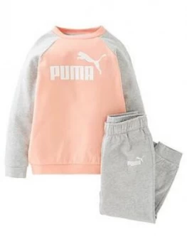 Puma 2 Piece Minicats Essential Raglan Sweatshirt And Joggers Set - Pink/Grey