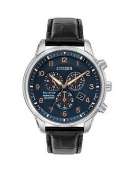 Citizen Blue And Rose Detail Chronograph Dial Black Leather Strap Mens Watch