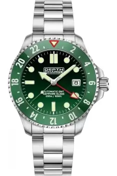 Depth Charge 42mm Stainless Steel Green Gradient Dial Dive Watch, Japanese Automatic GMT, Green Ceramic Bezel, Sapphire Glass, 200m Water Resistance.