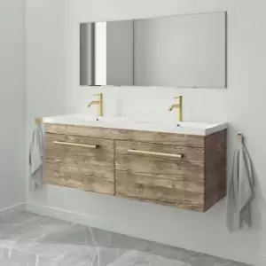 1200mm Wood Effect Wall Hung Double Vanity Unit with Basin and Brushed Brass Handles - Ashford