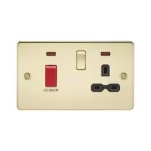 Flat plate 45A DP switch and 13A switched socket with neon - polished brass with Black insert - Knightsbridge