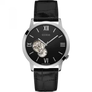 GUESS Gents silver automatic watch with Black dial, visible movement and Black croco leather strap.