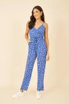 Blue Daisy Print Wrap Over Strappy Jumpsuit