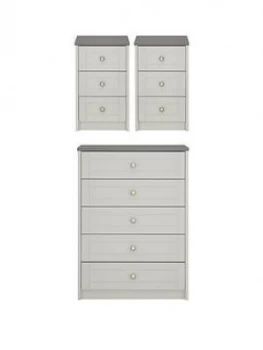 Alderley Ready Assembled 3 Piece Package - Chest Of 5 Drawers And 2 Bedside Chests