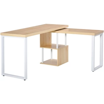 Homcom - 360° Rotating Corner Desk L-Shaped PC Workstation Student Writing Table with Storage Shelf Home Office Oak Tone