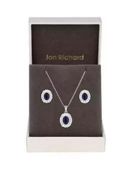 Jon Richard Rhodium Plated Blue Baguette Oval Set - Gift Boxed, Silver, Women