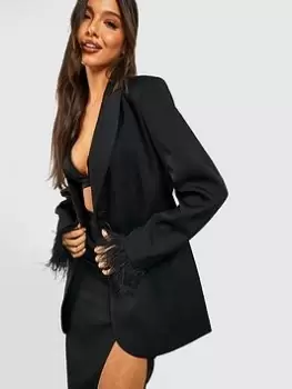 Boohoo Feather Cuff Tailored Blazer - Black, Size 10, Women