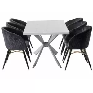 Life Interiors - 7 Pieces Vittorio Duke Dining Set - a White Rectangular Dining Table and Set of 6 Black Dining Chairs - Black