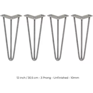 4 x Hairpin Leg - 12 - Unfinished - 3 Prong - 10m - Metallic