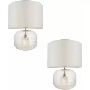2 pack Clear Ribbed Glass Twin Lit Table Lamp Light & Vintage White Fabric Shade