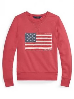 Ralph Lauren Girls Embroidered Flag Crew Sweat - Red, Size Age: 4 Years, Women
