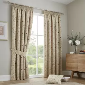Curtina - Renata Floral Jacquard Weave Lined Pencil Pleat Curtains, Natural/Red, 46 x 54 Inch