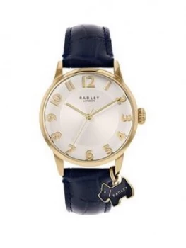Radley Liverpool Street Silver Sunray And Gold Detail Dog Charm Dial Blue Leather Strap Ladies Watch