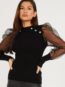Quiz Black Knitted Organza Sleeves Top - S