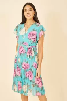 Green Floral Wrap Pleated Dress