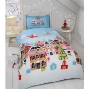 Gingerbread Town Toddler Junior Duvet Cover Set Childrens Christmas Bedding Set - Blue - Rapport