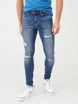 11 Degrees Essential Super Stretch Distressed Skinny Jeans - Blue, Mid Blue Wash, Size XL, Men