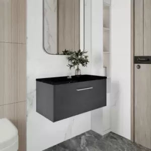 Hudson Reed Juno Wall Hung 1-Drawer Vanity Unit with Sparkling Black Worktop 800mm Wide - Graphite Grey
