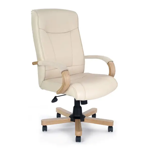 Troon High Back Executive Chair With Oak Effect Arms & Base - Cream