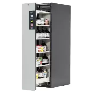 asecos Type 90 fire resistant vertical pull-out cabinet, 1 drawer, 4 tray shelves, grey/grey