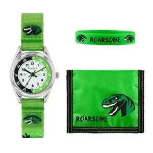Tikkers Boys Green Canvas Rip Strap Dinosaur watch, bracelet and wallet set ATK1049