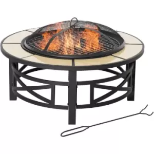 Outsunny - Outdoor Fire Pit Firepit Bowl with Grill Spark Mesh and Fire Poker - Black, Yellow