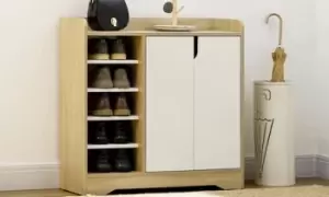 HomCom Shoe Cabinet with Four-Tier Double Door and Open Shelves