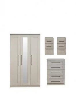 Swift Larson Part Assembled Package - 3 Door Mirrored Wardrobe, 5 Drawer Chest And 2 Bedside Chests