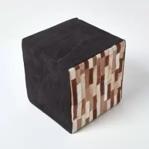 Brown and Black Patchwork Cube Pouffe Suede Leather 36 x 36 x 38cm - Black & Brown - Homescapes