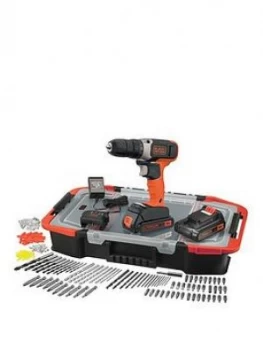 Black & Decker 18V Lithium Ion Cordless Drill Drive With 2 Batteries and 165 Accessories With Kitbox