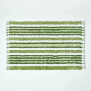 Handloomed Striped Cotton Green Bath Mat - Green - Green - Green - Homescapes