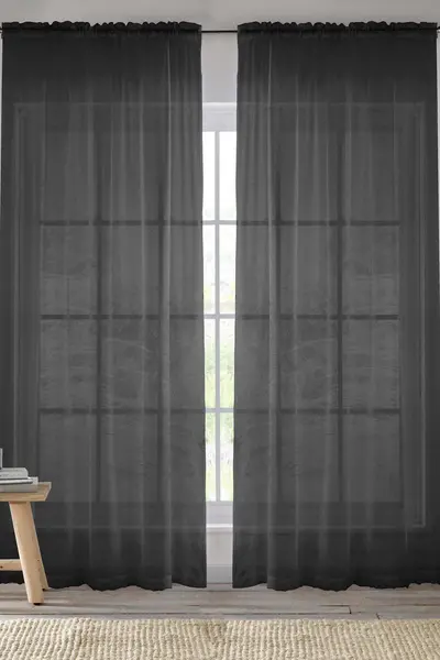 Enhanced Living Sheer Plain Woven Voile Slot Top Curtain Panel Pair Black