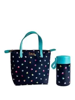 Beau & Elliot 'Mini Confetti' - Insulated Lunch Tote - Navy/Hearts (7 Litre) + Stainless Steel Food Flask