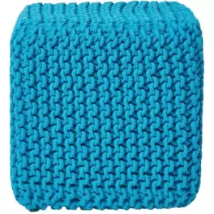 Teal Blue Cube Cotton Knitted Pouffe Footstool - Teal Blue - Homescapes