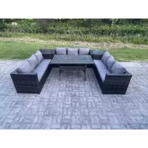 Fimous - Wicker Outdoor Garden Furniture Rattan Lounge Sofa Set Patio Rectangular Dining Table with 2 Side Table 9 Seater Dark Grey Mixed