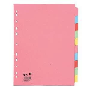 5 Star Subject Dividers Multipunched Manilla Board 10 Part Extra Wide A4 Assorted Pack 10
