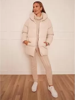 Chi Chi London Padded Coat with Hood - Cream, Size 10, Women