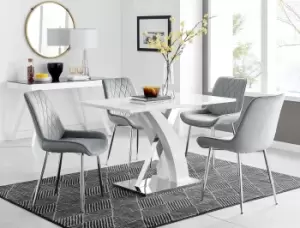 Atlanta White High Gloss and Chrome 4 Seater Dining Table with X Shaped Legs and 4 Soft Velvet Pesaro Chairs