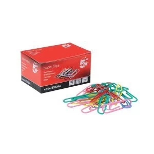 5 Star Office Paperclips Metal Large Length 33mm Plain Assorted Colours Pack 10x100