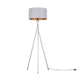Camden Brushed Chrome Tripod Floor Lamp with XL Grey and Gold Reni Sha