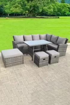 9 Seater High Back Rattan Corner Sofa With Oblong Dining Table 3 Footstools
