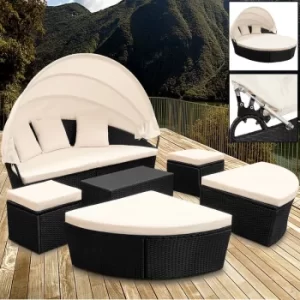 Deuba Poly Rattan Sun Day Bed Garden Furniture with Table and Canopy Black Outdoor Patio Sofa Lounger Set