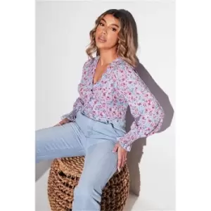 I Saw It First Baby Blue Floral Woven Extreme Puff Sleeve Blouse - Blue