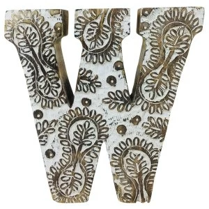 Letter W Hand Carved Wooden White Flower
