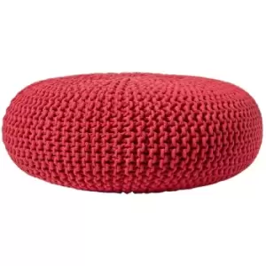 Red Large Round Cotton Knitted Pouffe Footstool - Red - Homescapes