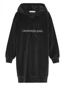 Calvin Klein Jeans Girls Velour Monogram Hoodie Dress - Black, Size 12 Years, Women