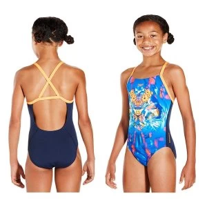 Speedo Dreamscape Fusion Placement Crossback Swimsuit Junior Navy/Orange 26"